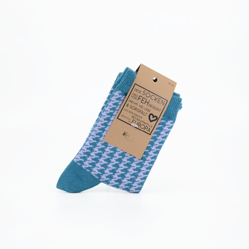 Socken „Hahnentritt“ Petrol/ Flieder